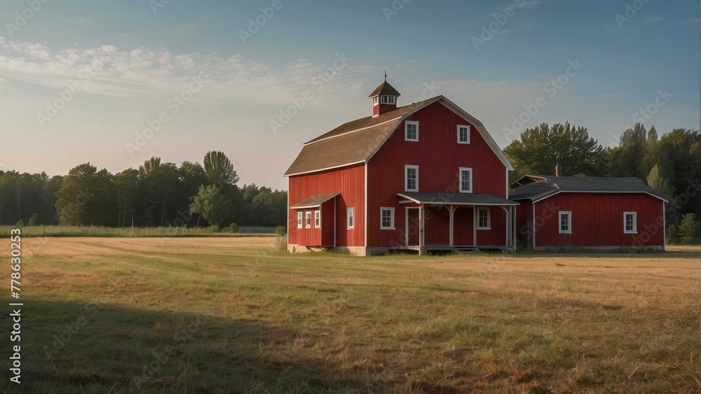 Red Barn in Serene Countryside at Sunset Red Barn in Serene Countryside at Sunset