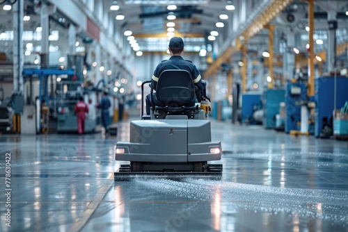 Worker driving a floor cleaning machine in an industrial factory with bright floor lines