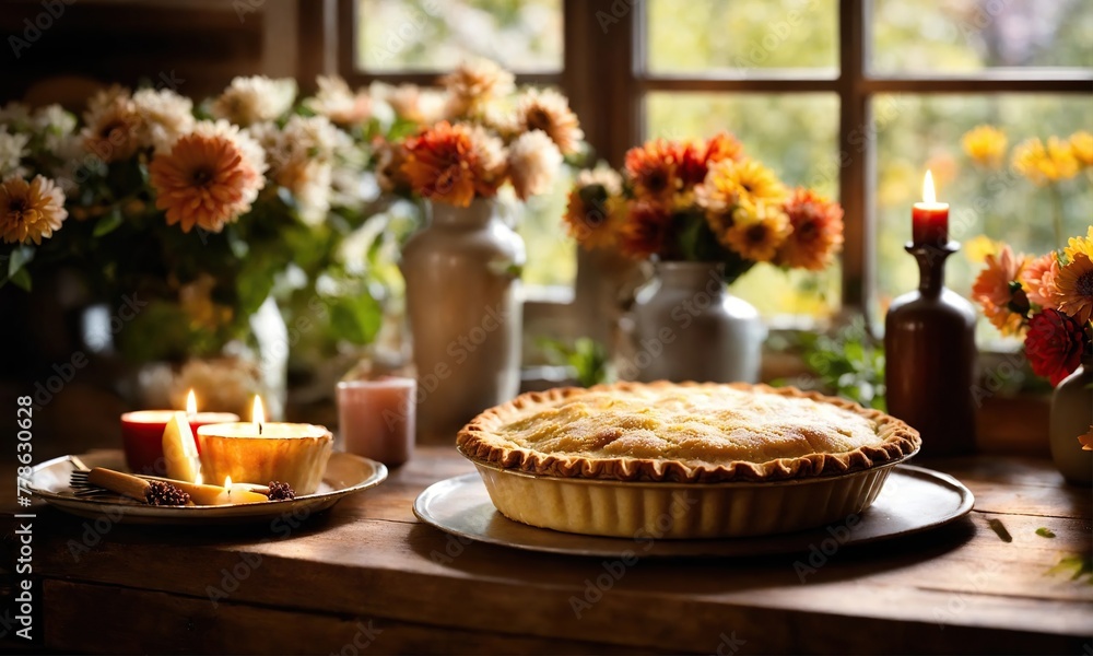Apple pie on the window and flowers, close-up