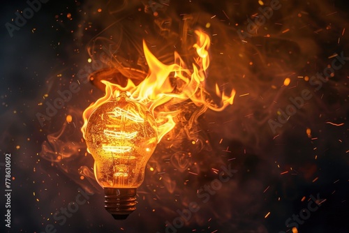 Lightbulb with a fiery filament surrounded by smoke, symbolizing burning ideas or energy