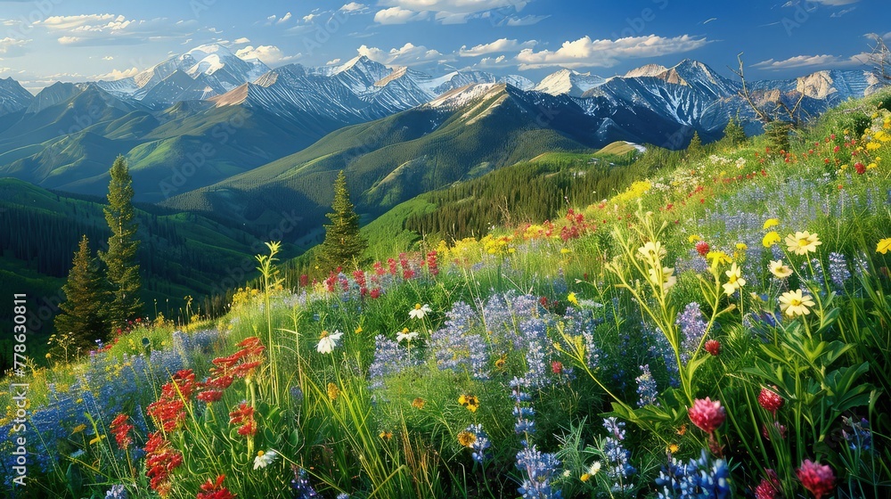 Fototapeta premium Vibrant wildflowers bloom across a lush mountain meadow with distant jagged peaks under a clear sky for use in environmental or travel advertising campaigns.