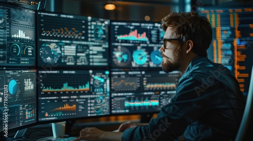 Analysts in business analytics and data management systems create reports with KPIs and indicators that connect to a database. Financial corporate strategy Operations, Sales, Marketing