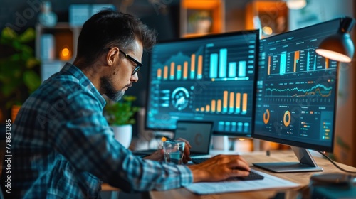 Analysts in business analytics and data management systems create reports with KPIs and indicators that connect to a database. Financial corporate strategy Operations, Sales, Marketing