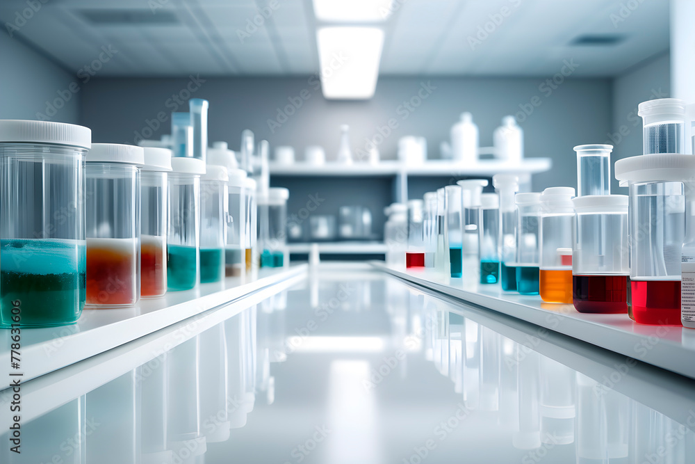 There are many  medical  petri dish neatly arranged  on  the   white table,    laboratory environment ,Many glass containers contain various liquids, scientific research and experimental  materials