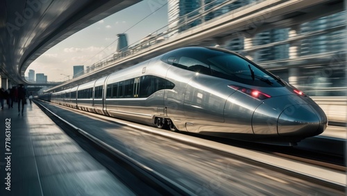 Futuristic high speed train rushing through city photo