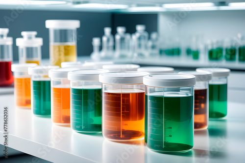 There are many medical petri dish neatly arranged on the white table, laboratory environment ,Many glass containers contain various liquids, scientific research and experimental materials