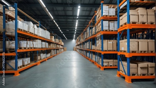 Modern warehouse with orderly shelves of goods
