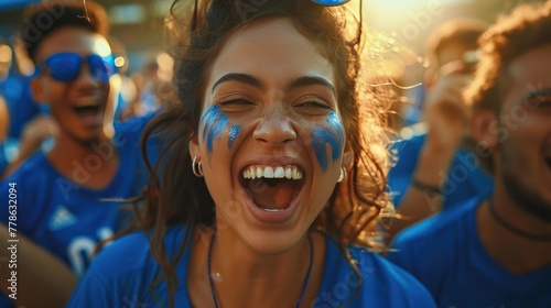 Blue sports fans scream as they support their team from the stadium - football supporters have fun at the event