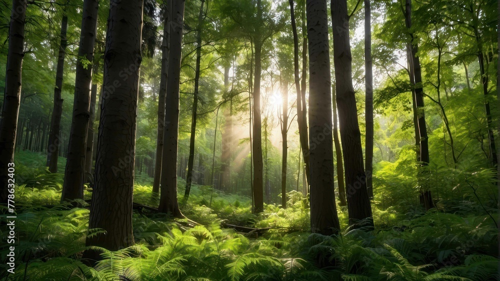 Obraz premium Sunlight piercing through lush forest