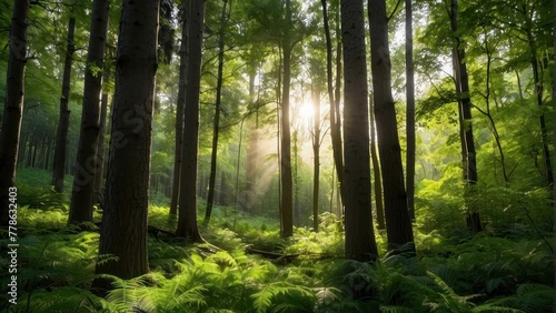 Sunlight piercing through lush forest