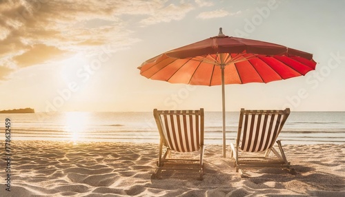 striped beach chair under red umbrella on sandy shore banner vacation background photo