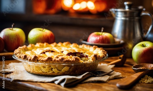 Beautiful apple pie on the table and apples  closeup