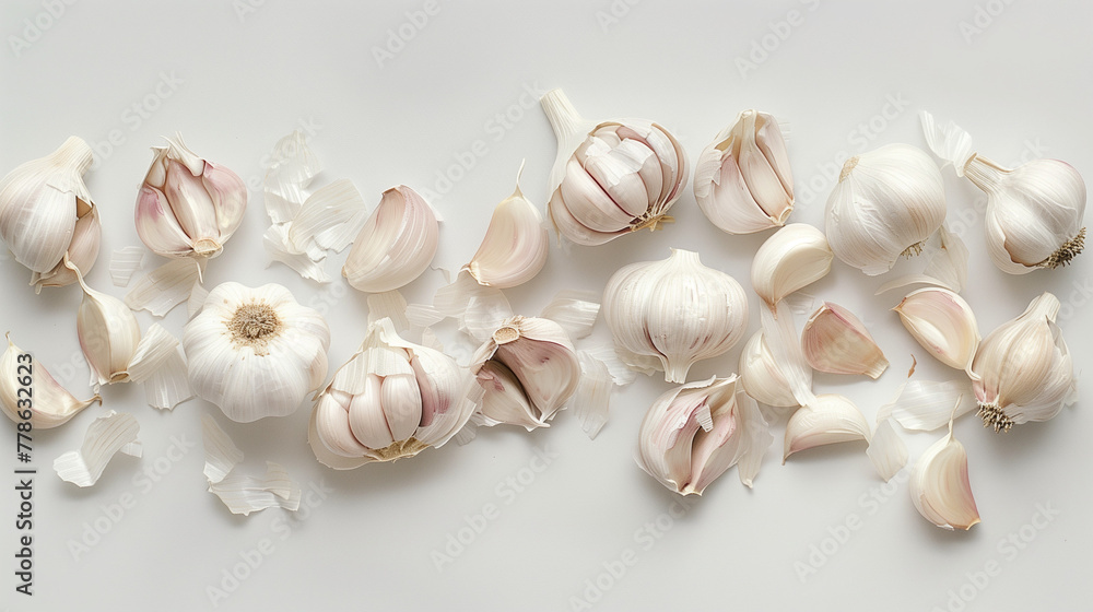 Garlic cloves cluster on white surface. Whole and peeled cloves showcased. Design for potent flavor, essential culinary arts symbol.
Garlic cloves cluster on white surface. Whole and peeled cloves showcased. Design for potent flavor, essential culinary arts symbol.