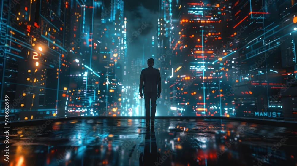 Naklejka premium business technology concept Professional businessman walking on a futuristic city network and futuristic graphic interface at night,