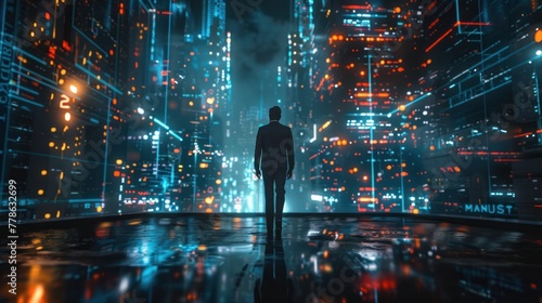business technology concept Professional businessman walking on a futuristic city network and futuristic graphic interface at night, photo