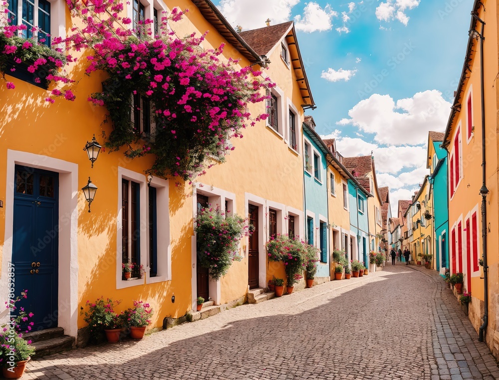 Obraz premium A narrow street lined with colorful houses with potted flowers on the balconies.