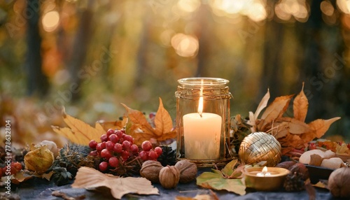 moon amulet candle autumn leaves fruits berries nuts in mysterious forest wiccan altar for mabon sabbat autumn equinox holiday witchcraft esoteric spiritual ritual photo
