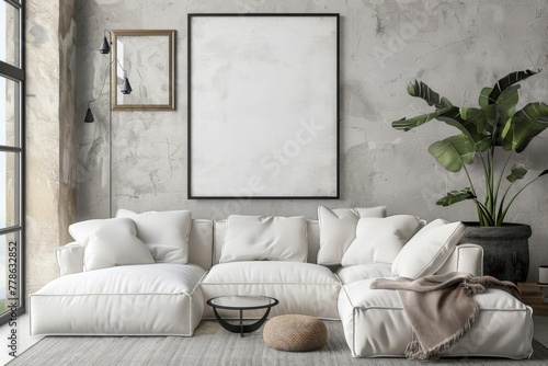 Modern Scandinavian Living Room Interior with Mockup Poster Frame
