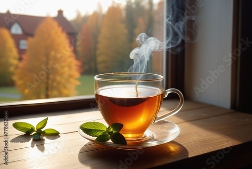 A glass cup of hot tea with mint leaves on a wooden table beside a window, cozy background, horizontal composition