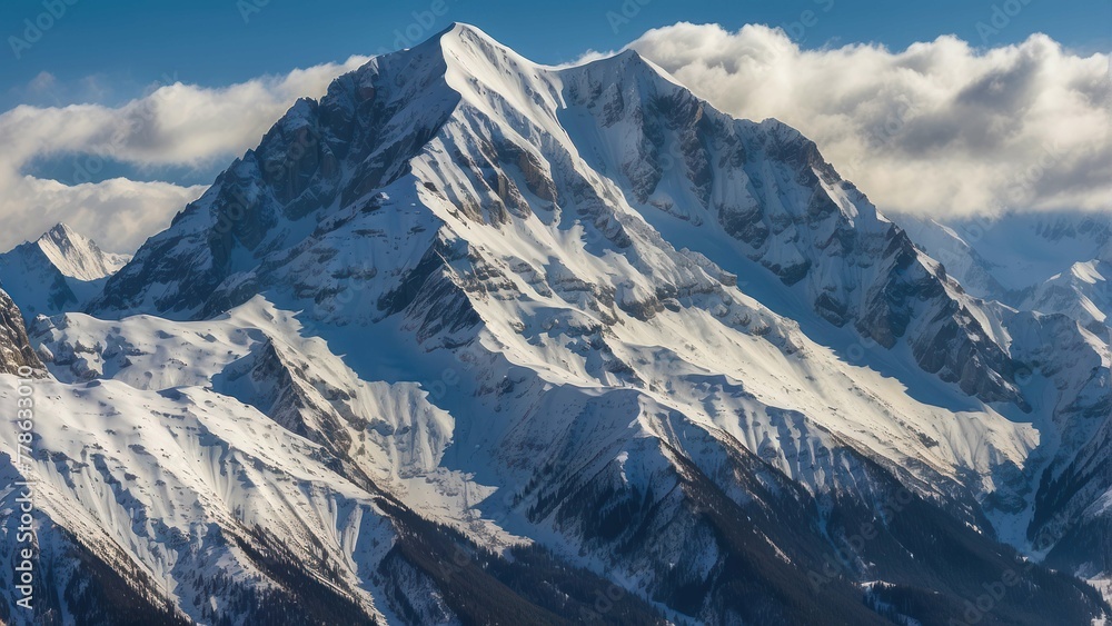 A stunning close up of a majestically rugged, snow capped mountain peak against a piercing blue sky