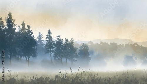 horizontal banner of forest and meadow silhouettes of trees and grass magical misty landscape fog blue and gray illustration bookmark