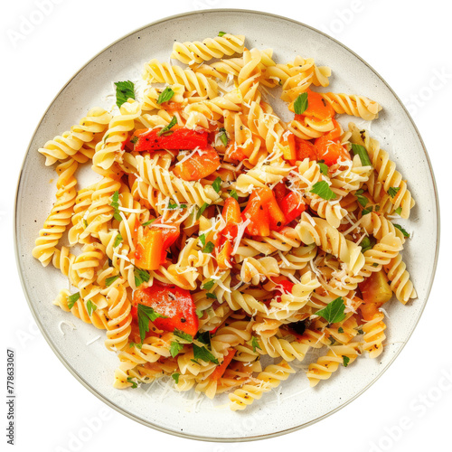 Plate with fusilli pasta with sauce isolated on transparent background, top view