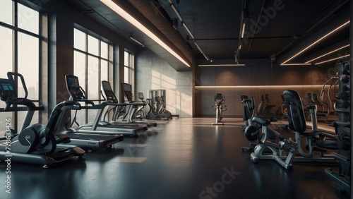 A state of the art gym is equipped with the latest cardio machines, reflecting fitness, health, and modern interior design themes photo