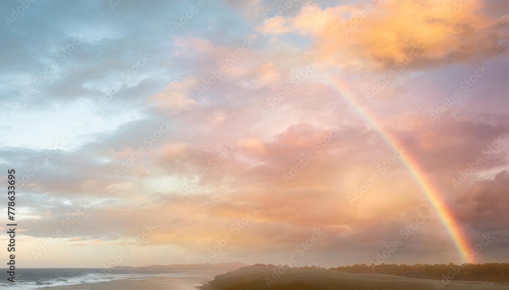 watercolor background with pink clouds and rainbow
