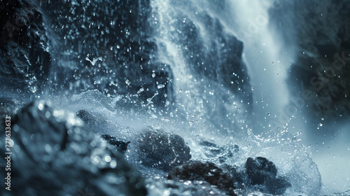 Close-up shot of water droplets splashing on rocks near waterfall photo