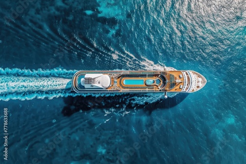 Aerial view of a luxury cruise ship sailing across the blue ocean waters © P