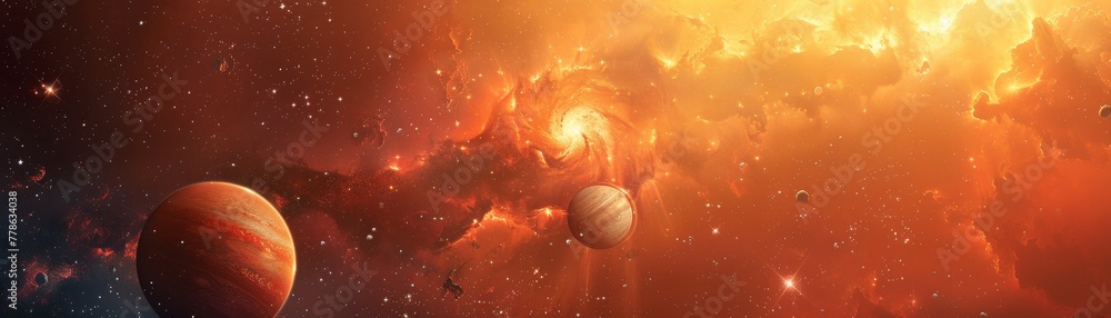 A space scene with three planets and a sun A space scene with three planets and a sun