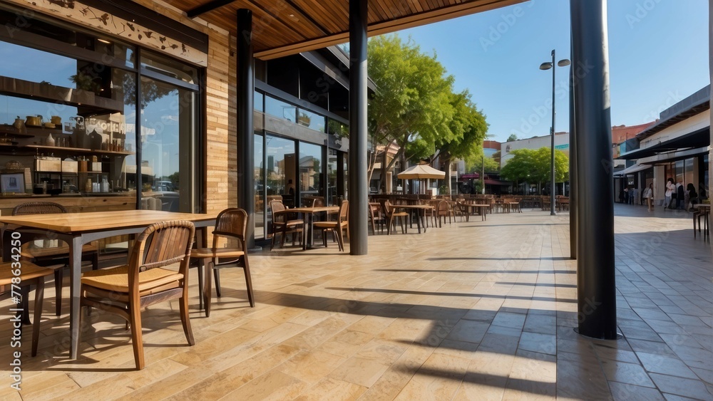 Sunny outdoor café terrace with inviting wooden chairs and tables, a perfect spot for a morning coffee or meal Sunny outdoor café terrace with inviting wooden chairs and tables, a perfect spot for a morning coffee or meal