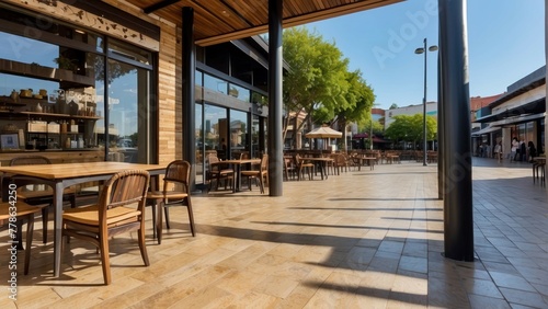 Sunny outdoor café terrace with inviting wooden chairs and tables, a perfect spot for a morning coffee or meal