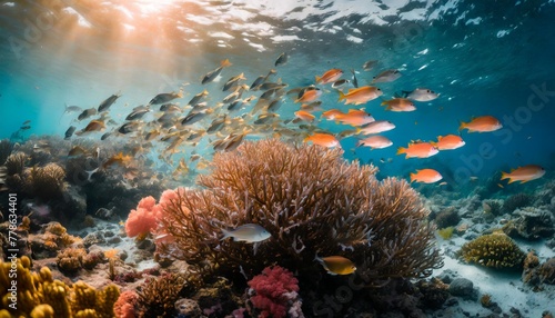 a school of colorful fish swimming around a coral reef vibrant coral colors clear blue water show