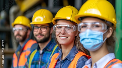 A group of construction workers wearing bright safety gear and protective masks while working at a construction site