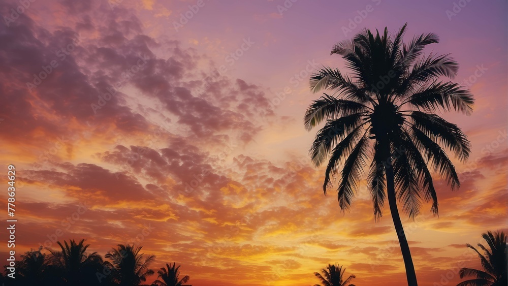 A single palm tree stands tall against a vibrant sunset sky, with hues of pink and orange casting a warm tropical ambiance