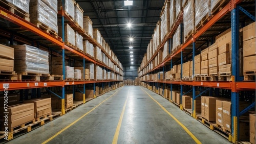 Wide angle image of a warehouse interior where multiple rows of shelves are filled with neatly organized brown cardboard boxes