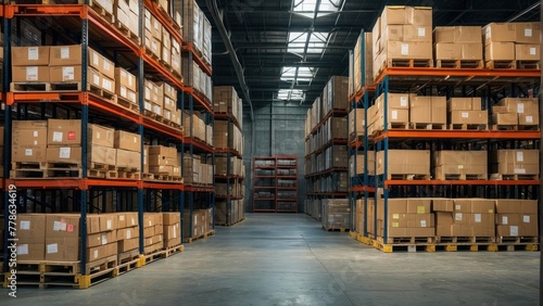 An expansive warehouse showing tall racks filled with boxes, emphasizing the scale and capacity of modern logistics facilities