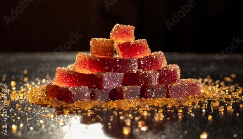a stack of vibrant red beet sugar crystals is arranged neatly on a sleek black surface the crystals glisten under the light creating a striking contrast against the dark backdrop photo