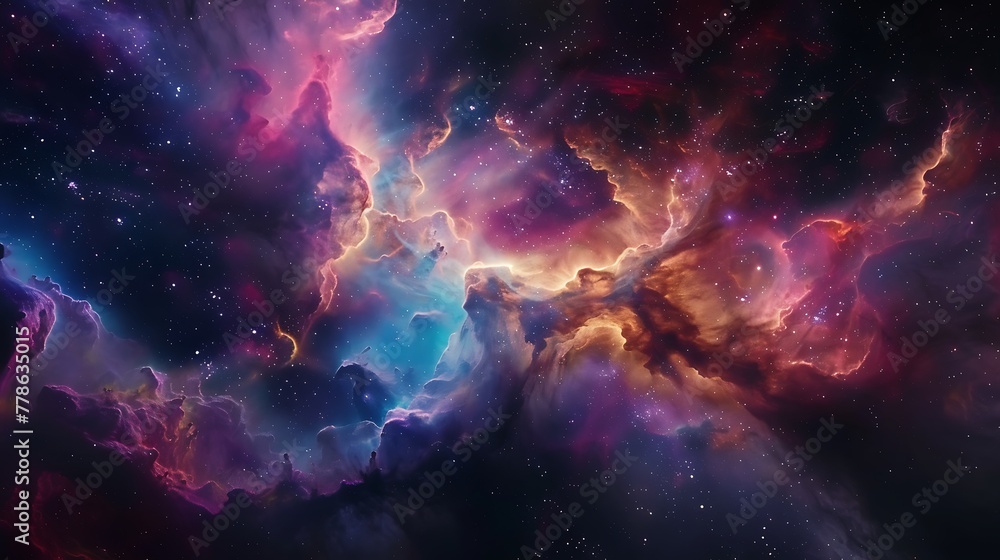 Swirling nebulae of vibrant colors against a backdrop of infinite darkness - obrazy, fototapety, plakaty 