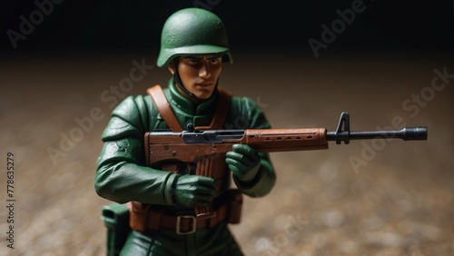 Detailed image of a toy soldier in uniform holding a rifle, focused with a blurred background