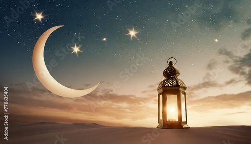 ramadan lantern shines at night islamic greeting eid mubarak cards for muslim holidays arabic crescent moon and stars