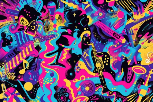 Kaleidoscopic illustration of music festival vibes  vibrantly capturing the essence of sound and rhythm
