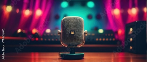 Silver microphone standing alone with a soft lit concert stage backdrop portraying the calm before the storm photo
