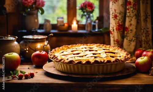 Beautiful apple pie on the table in the room, red and green apples, candle on the window, closeup © Igor Voron