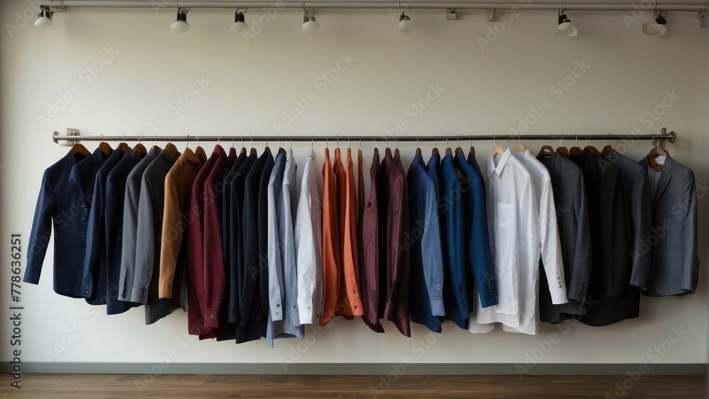 Elegantly displayed menswear with a variety of colorful suits on hangers, depicting fashion and choice
