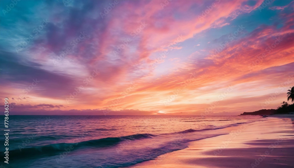anime styled breathtaking sunset over a calm ocean with hues of orange pink and purple painting the sky