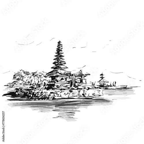 Drawing of Pura Ulun Danu Beratan the Floating Temple in Bali