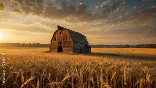 Sunset over a traditional wooden barn photo