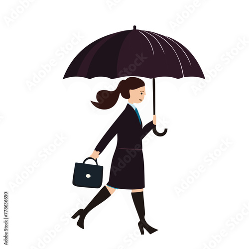 Woman walking in rainy weather. Business female character going, hurrying under umbrella. Person holding angled parasol in hand. Flat graphic vector illustration isolated on white